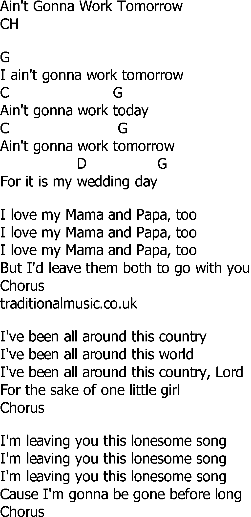 Bluegrass songs with chords - Aint Gonna Work Tomorrow